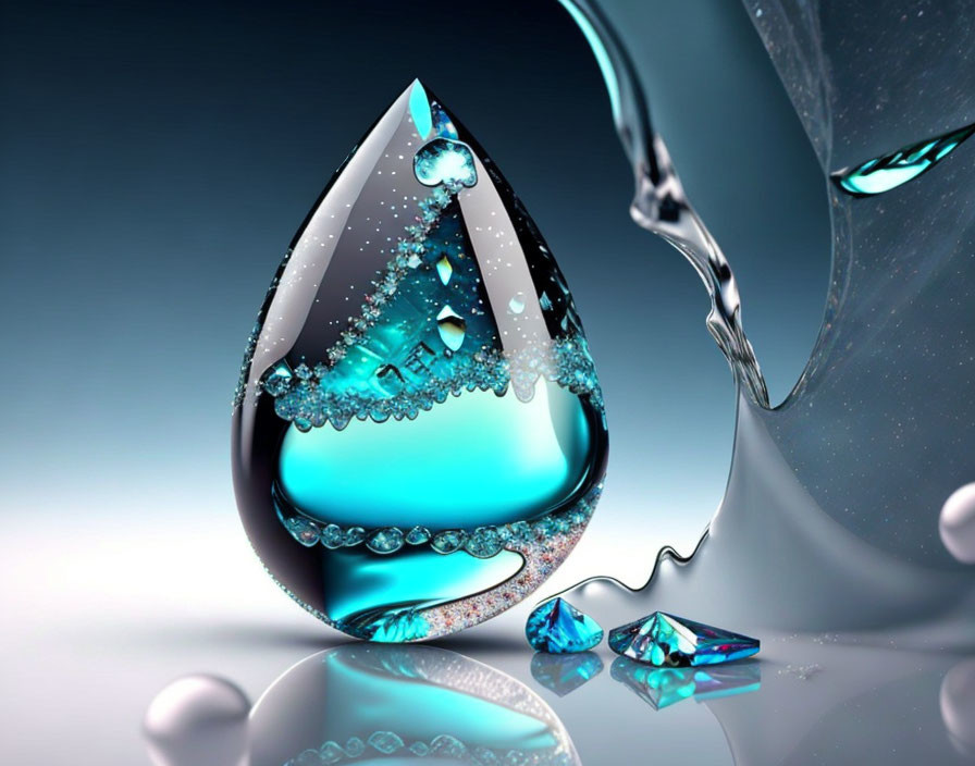 Glossy water droplet with blue crystals on reflective surface