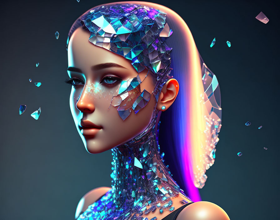 Futuristic woman with crystalline hair in cool tones