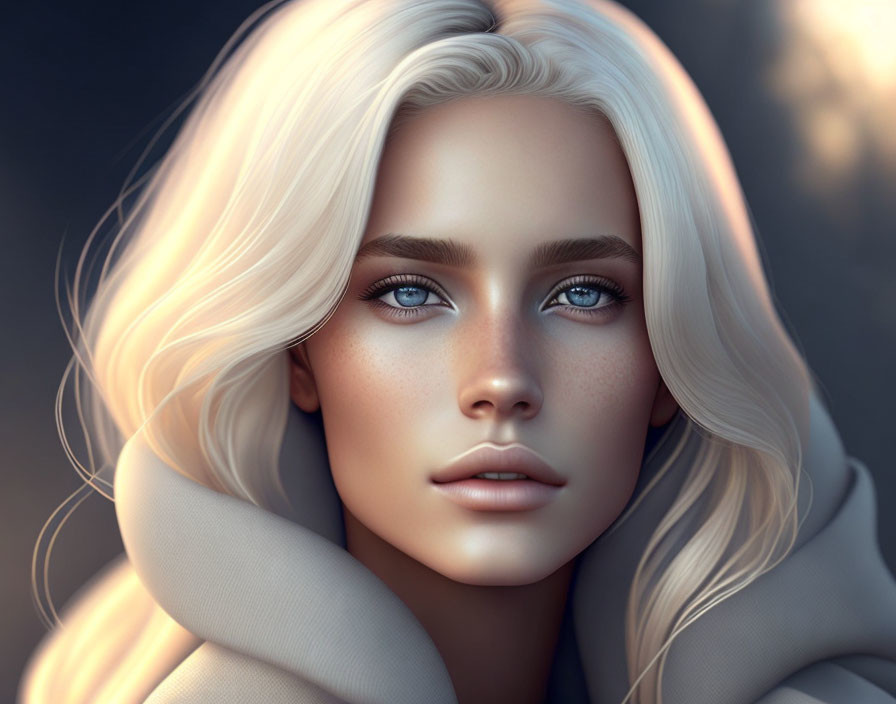 Platinum blonde woman with blue eyes in beige turtleneck portrait