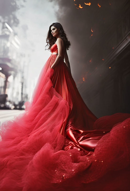 Woman in flowing red gown on city street - dynamic and elegant scene