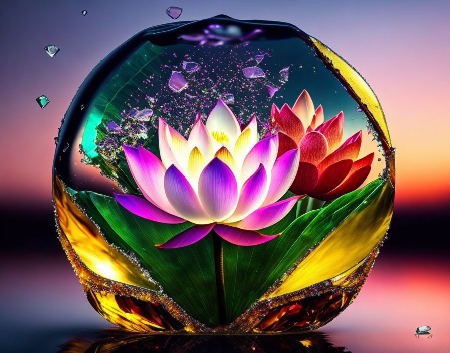 Colorful Lotus Flower Sphere with Sunset Background