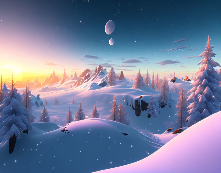 Snow-covered trees and mountains in serene twilight winter landscape