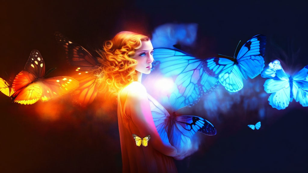 Woman with Butterfly Wings Surrounded by Illuminated Butterflies on Dark Background