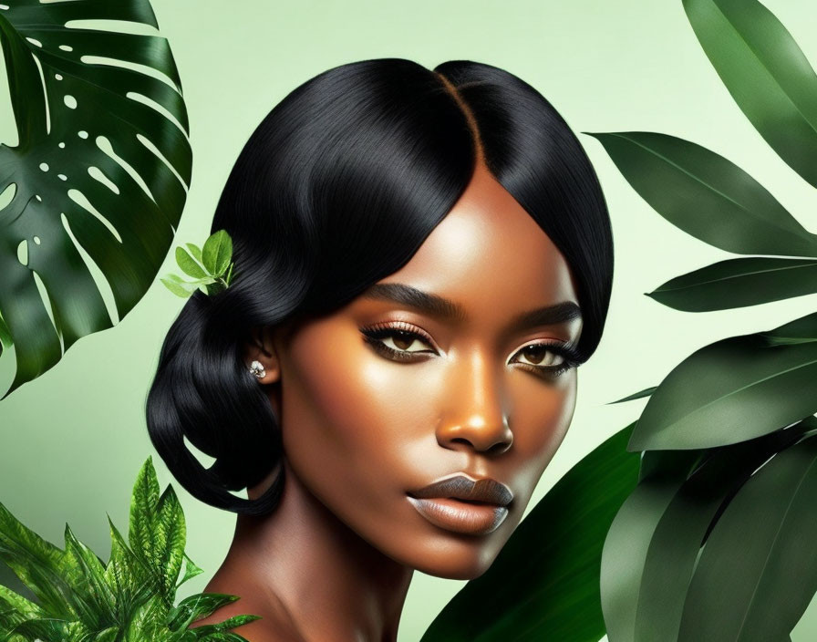 Woman's Portrait with Flawless Skin and Sleek Hairstyle in Tropical Setting