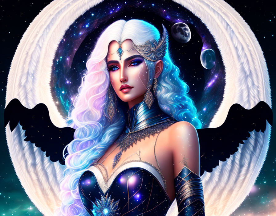 Fantasy digital artwork: White-haired female with celestial makeup, moon halo, stars, and black wings