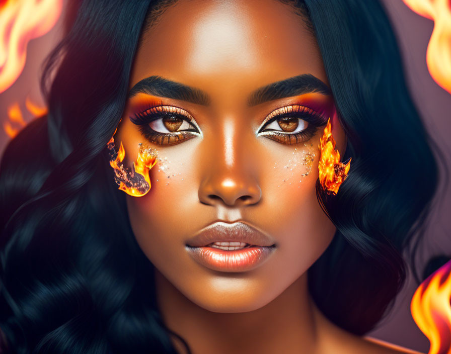 Dark-haired woman with fiery-orange makeup and illustrated flames around eyes.