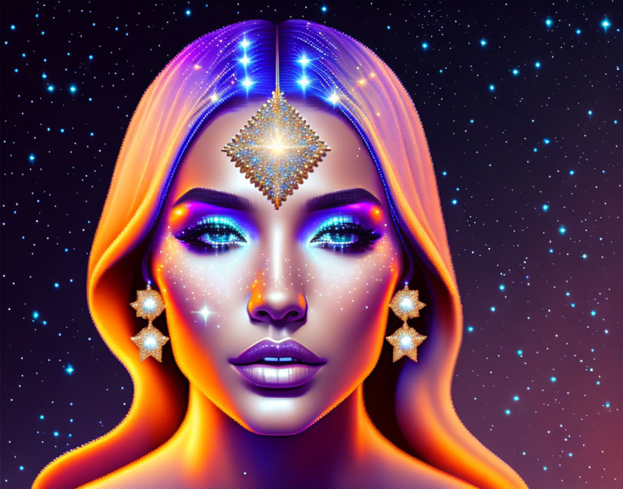 Colorful digital artwork of woman with ombre hair and gold jewelry on starlit backdrop