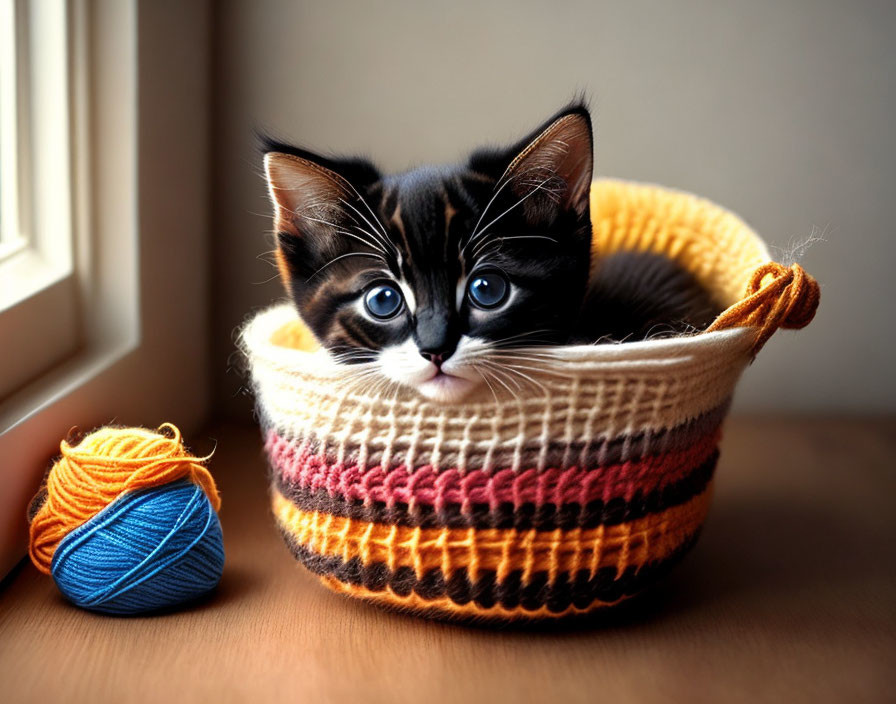 Adorable black and brown kitten with blue eyes in basket with yarn balls