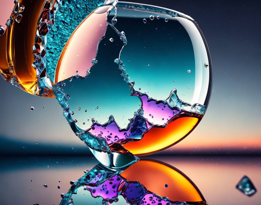 Vibrant clinking glasses with splashing liquids on blurred sunset backdrop