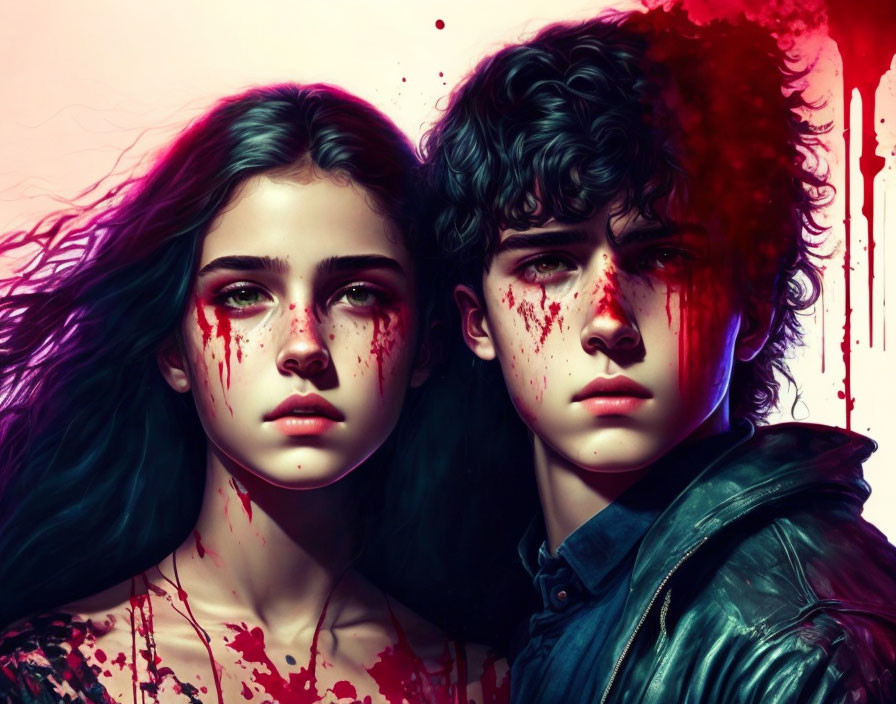 Intense young individuals with blood splatters on faces on crimson backdrop