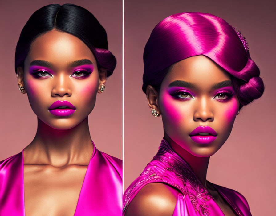 Woman with bold pink makeup and earrings on pink backdrop