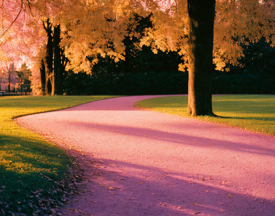 Sunlit Park Path with Lush Trees and Long Shadows