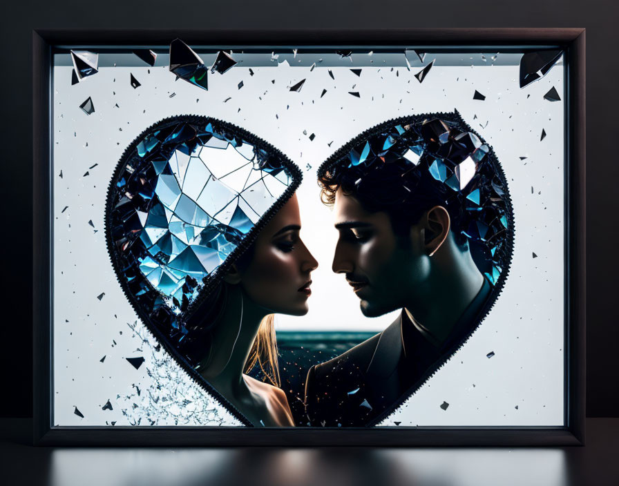 Man and woman in shattered glass heart under moody lighting