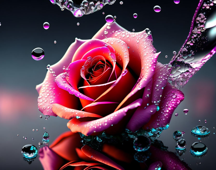 Pink and Crimson Rose with Water Droplets on Bubble Background