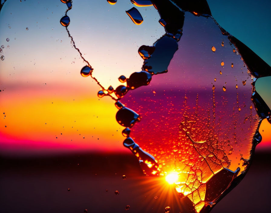 Shattered glass sunset with suspended water droplets in vibrant colors