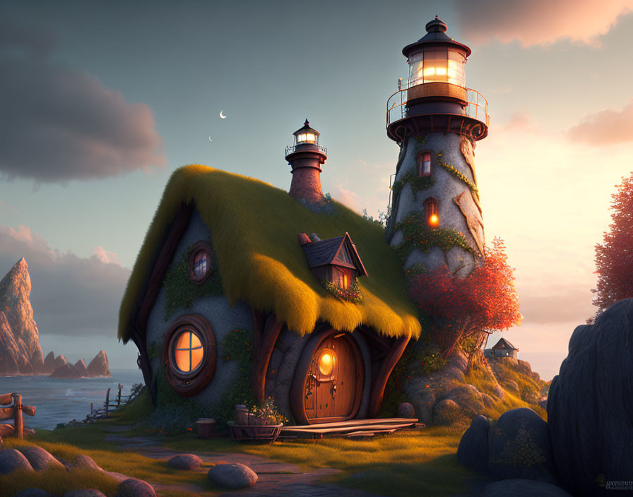 Seaside cottage with lighthouse, crescent moon, and lush scenery