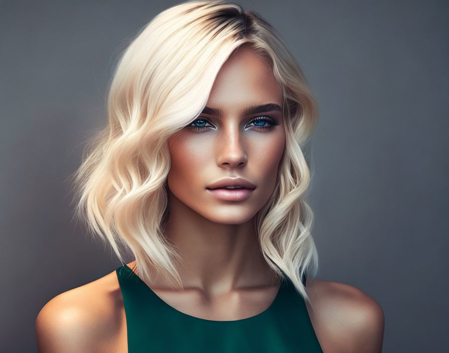 Blonde woman with wavy hair in green top on grey background