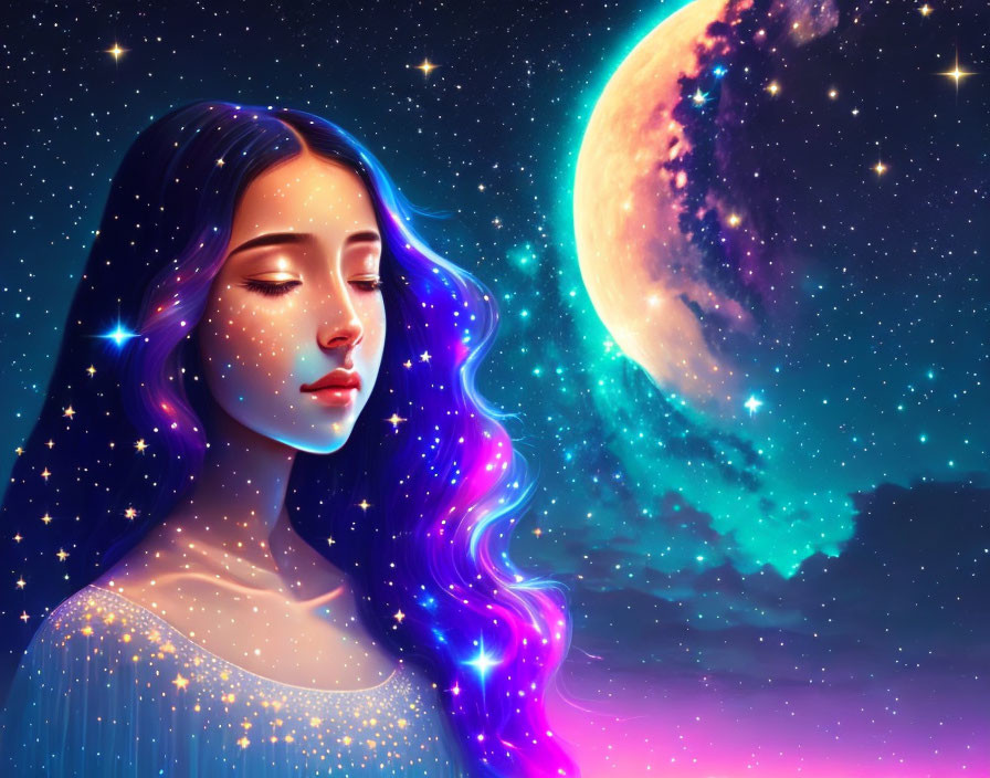 Illustration of woman with galaxy hair, crescent moon, stars, and nebulae in dream