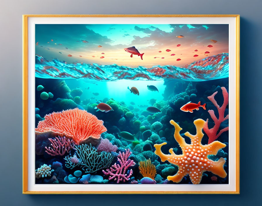 Colorful Underwater Scene with Coral, Fish, Shark, and Mountains