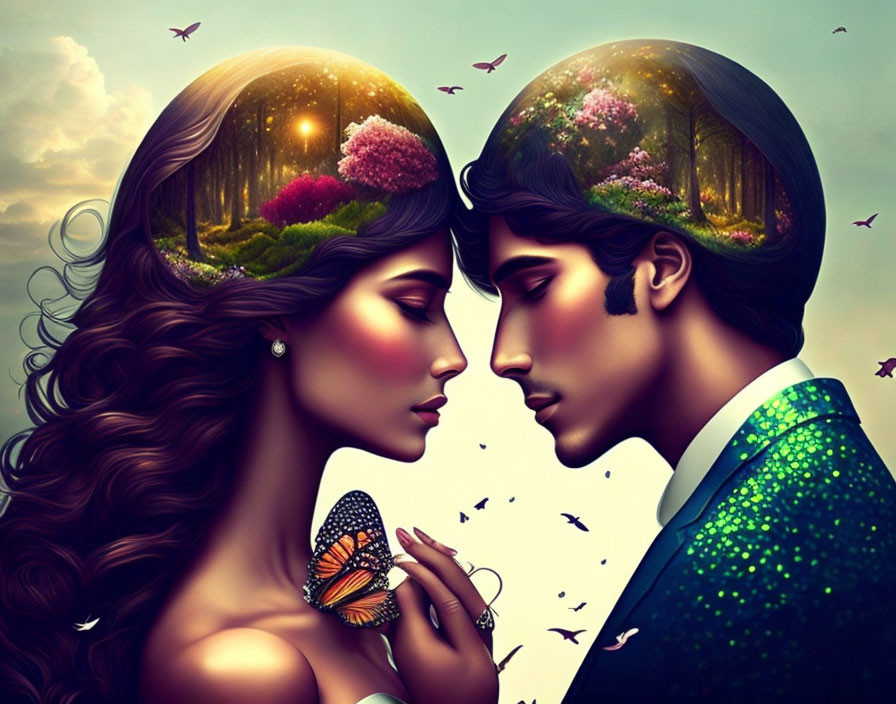 Man and woman with forest and sky heads, divided by a butterfly symbolizing nature connection.