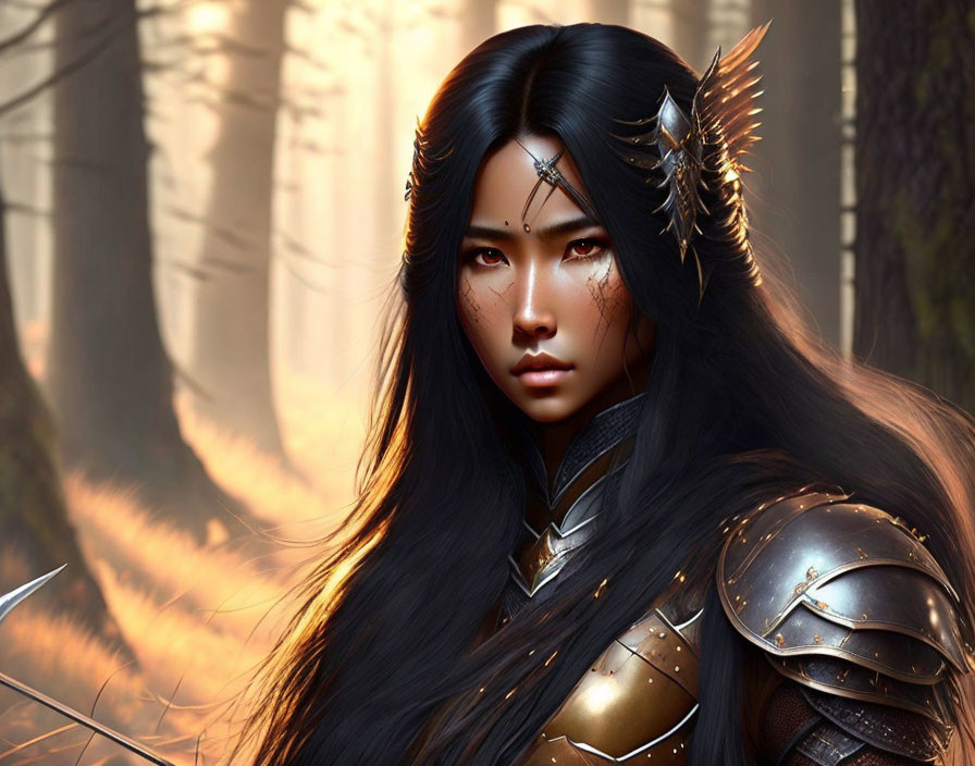 Female elf warrior in armor with pointed ears in sunlit forest