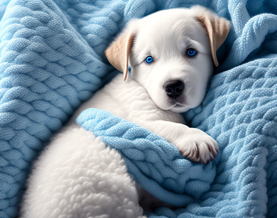 White Puppy with Blue Eyes Resting on Blue Knitted Blanket