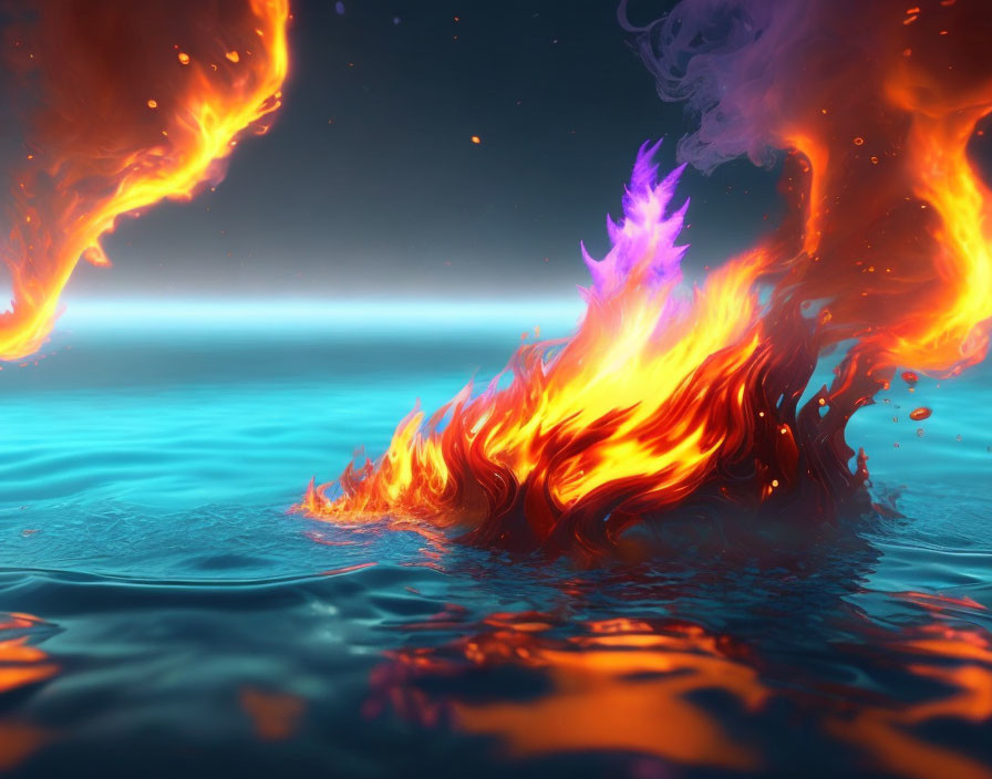 Dynamic Interaction: Vivid Flames Above Water with Blue and Orange Hues