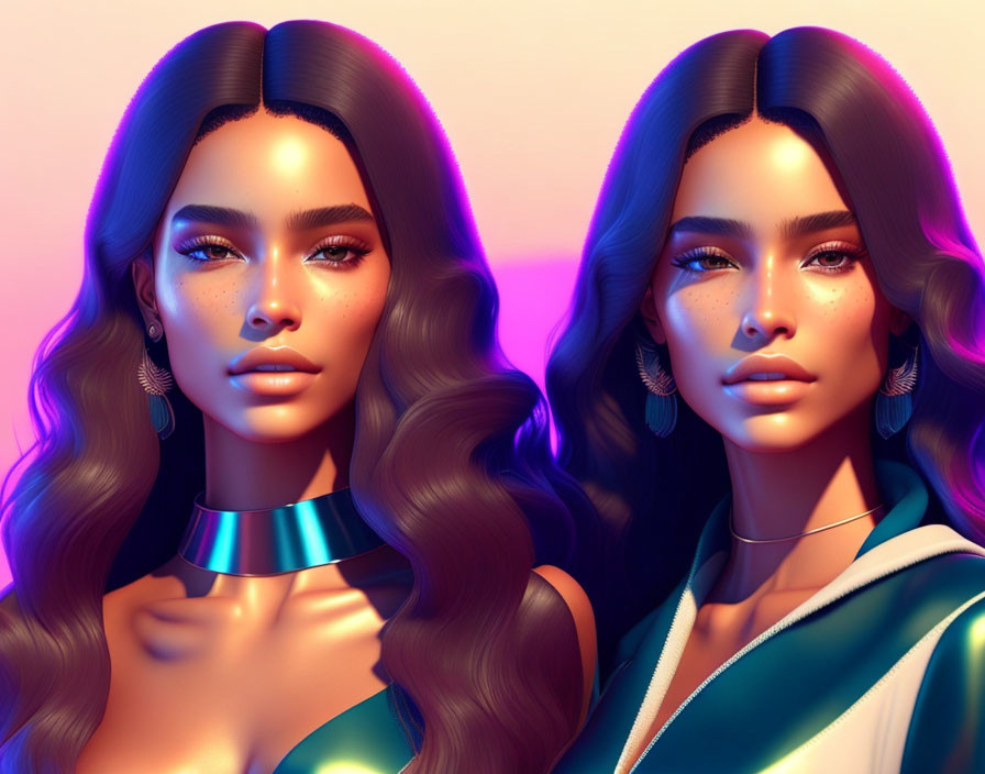 Twin Female Characters Digital Artwork with Wavy Hair and Metallic Choker