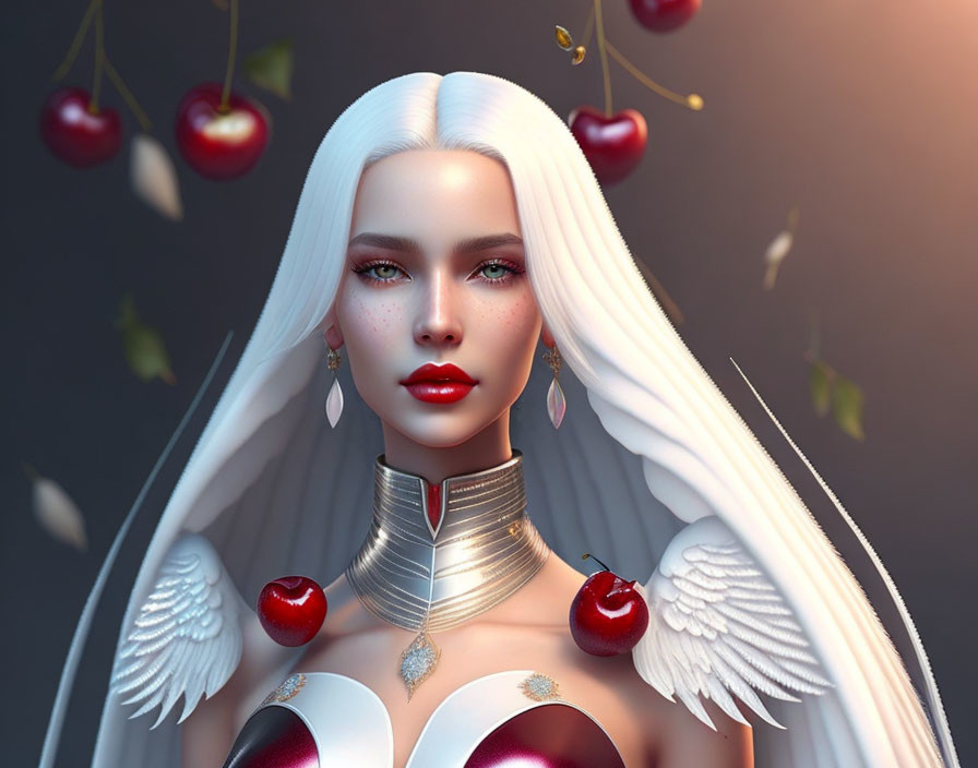 Digital artwork: Woman with white hair, freckles, red lips, and winged accessories in