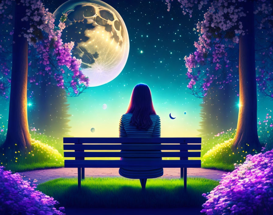 Woman sitting on bench under starry sky with large moon and blossoming trees.