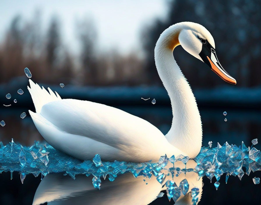 White Swan Gliding on Tranquil Water with Ice Crystals