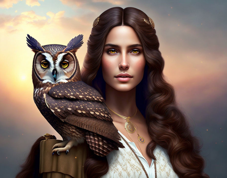 Digital artwork of woman with long wavy hair and owl on shoulder in twilight sky