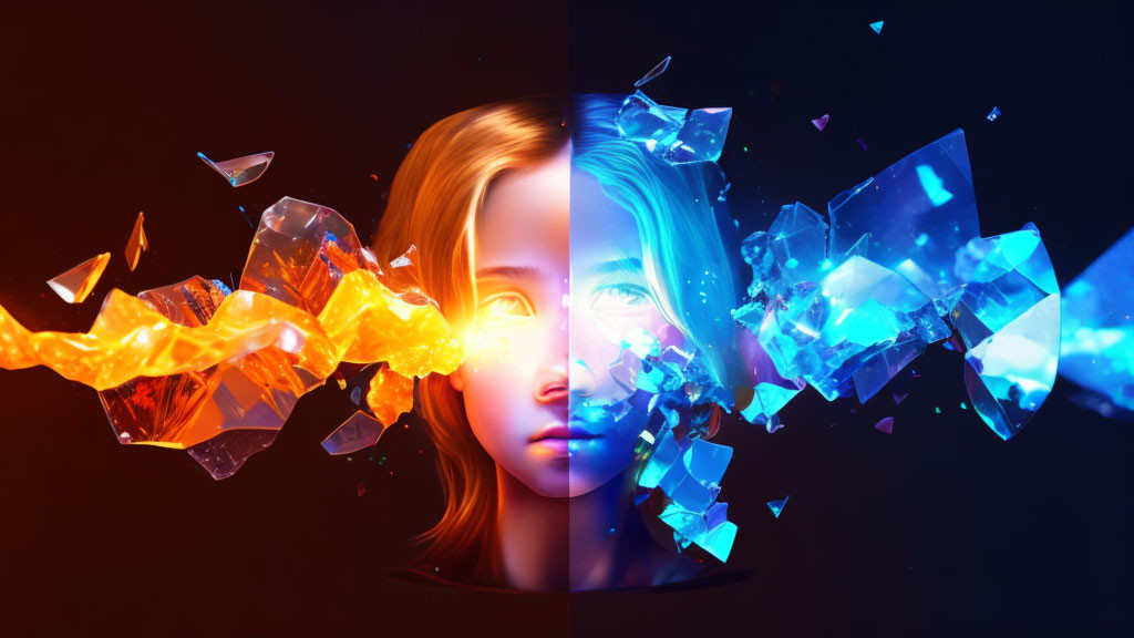 Digital Art: Woman's Face Split in Half with Orange and Blue Colors