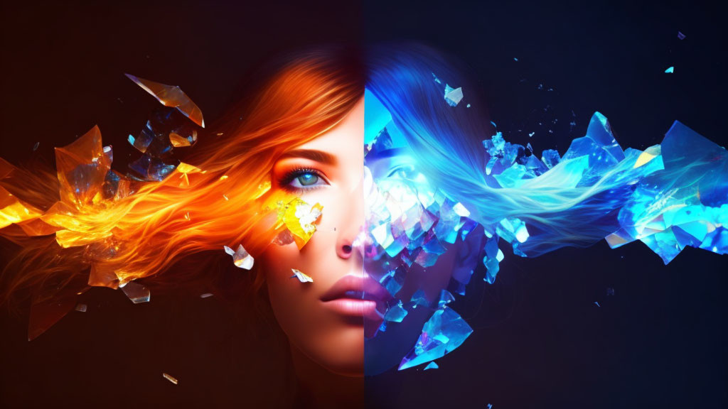 Digital art: Woman's face split in fiery orange and icy blue halves