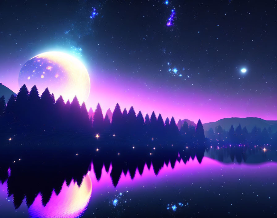 Colorful Moonlit Forest Lake Scene: Large Moon, Pink & Purple Sky, Stars