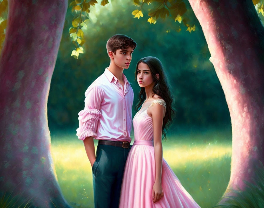 Digital painting: Young couple in pink attire between trees