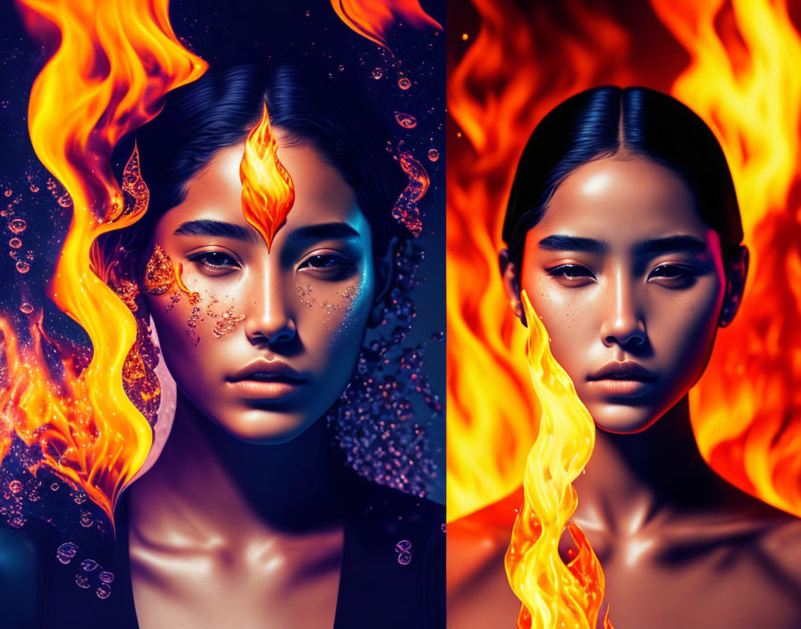 Diptych digital art: Woman's face with fire and water themes