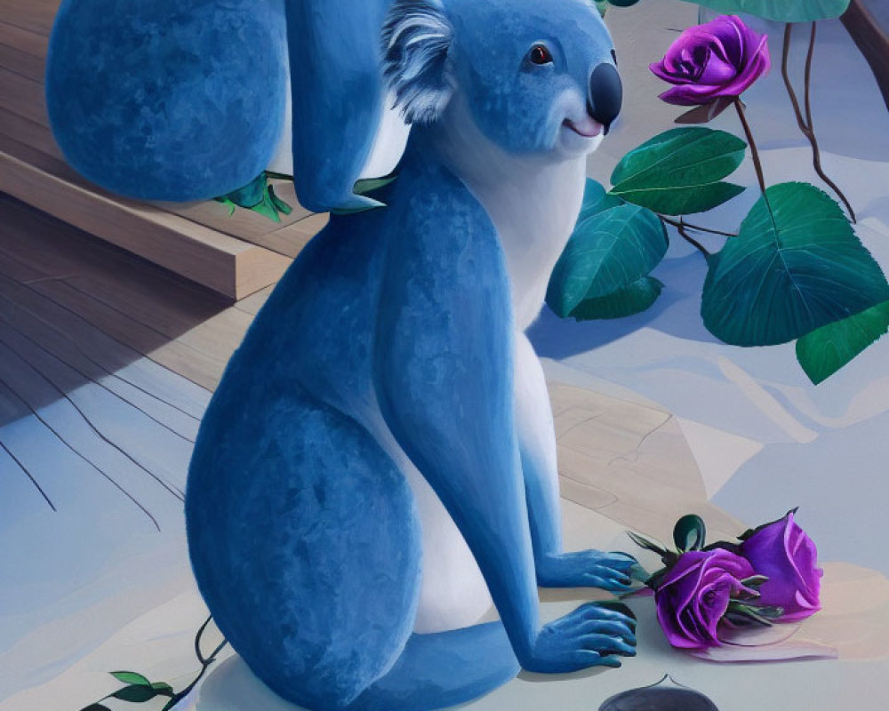 Blue koala with baby beside purple rose and fallen petal