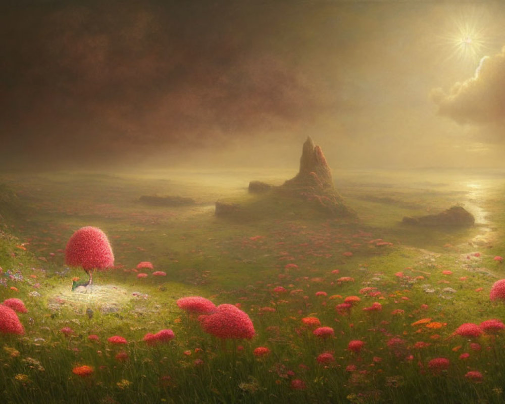 Fantasy Landscape with Pink Mushrooms, Stream, and Sunlight