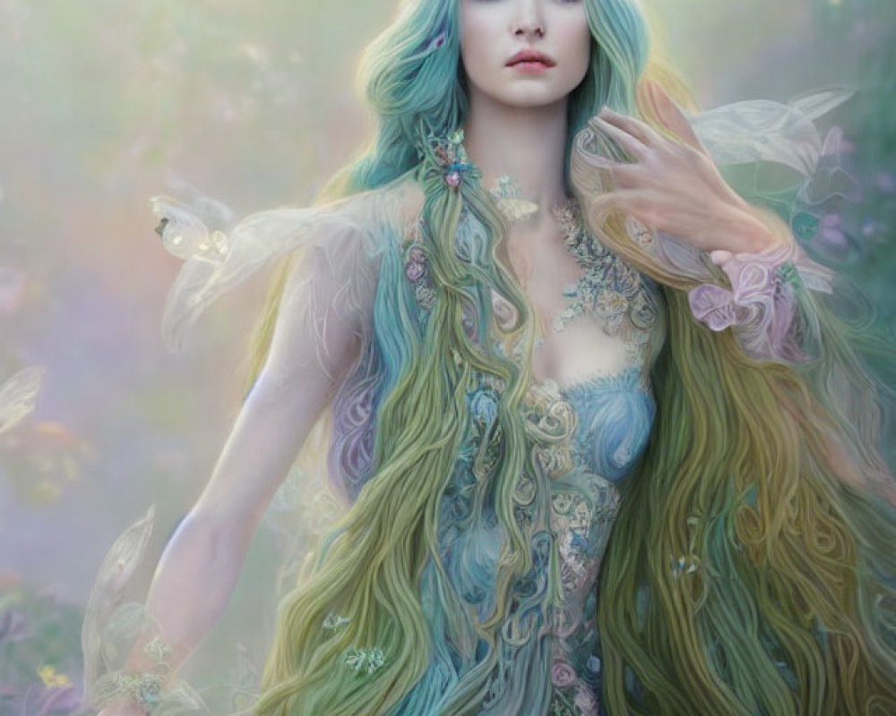 Fantasy illustration of woman with green hair and crystal crown in ethereal forest