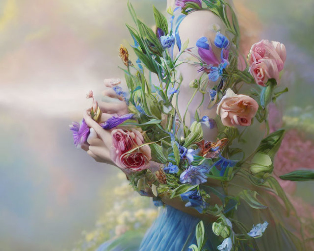 Woman in blue gown with floral design, golden crown, serene nature backdrop