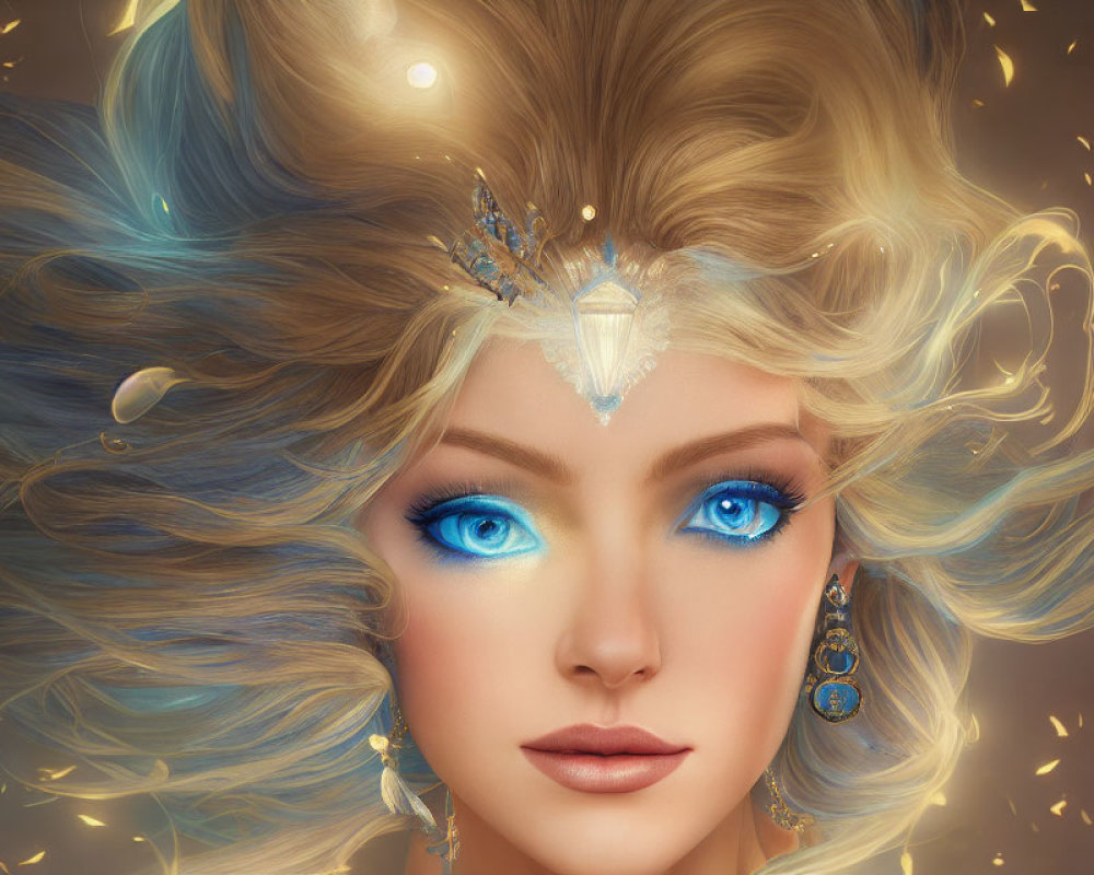 Digital Artwork: Female with Striking Blue Eyes and Gold & Blue Jewelry