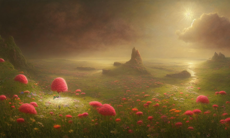 Fantasy Landscape with Pink Mushrooms, Stream, and Sunlight