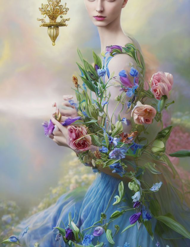 Woman in blue gown with floral design, golden crown, serene nature backdrop