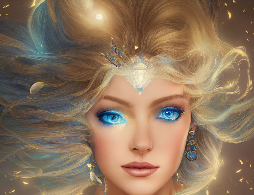 Digital Artwork: Female with Striking Blue Eyes and Gold & Blue Jewelry