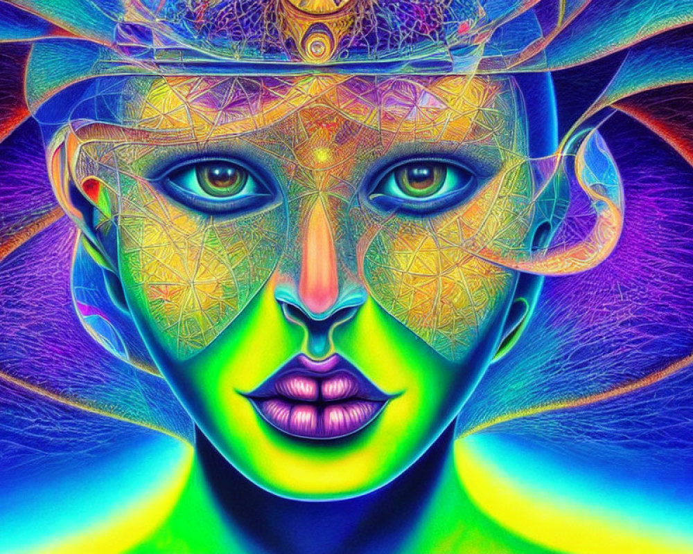 Symmetrical Face Digital Art with Neon Colors