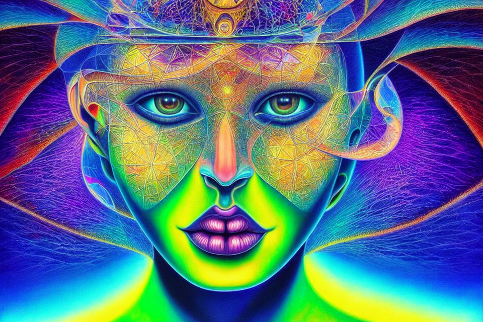 Symmetrical Face Digital Art with Neon Colors