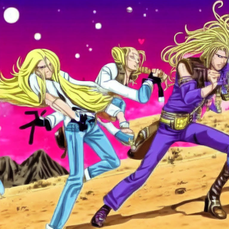 Three blonde-haired animated characters in fighting stances under a starry night sky: two in blue,