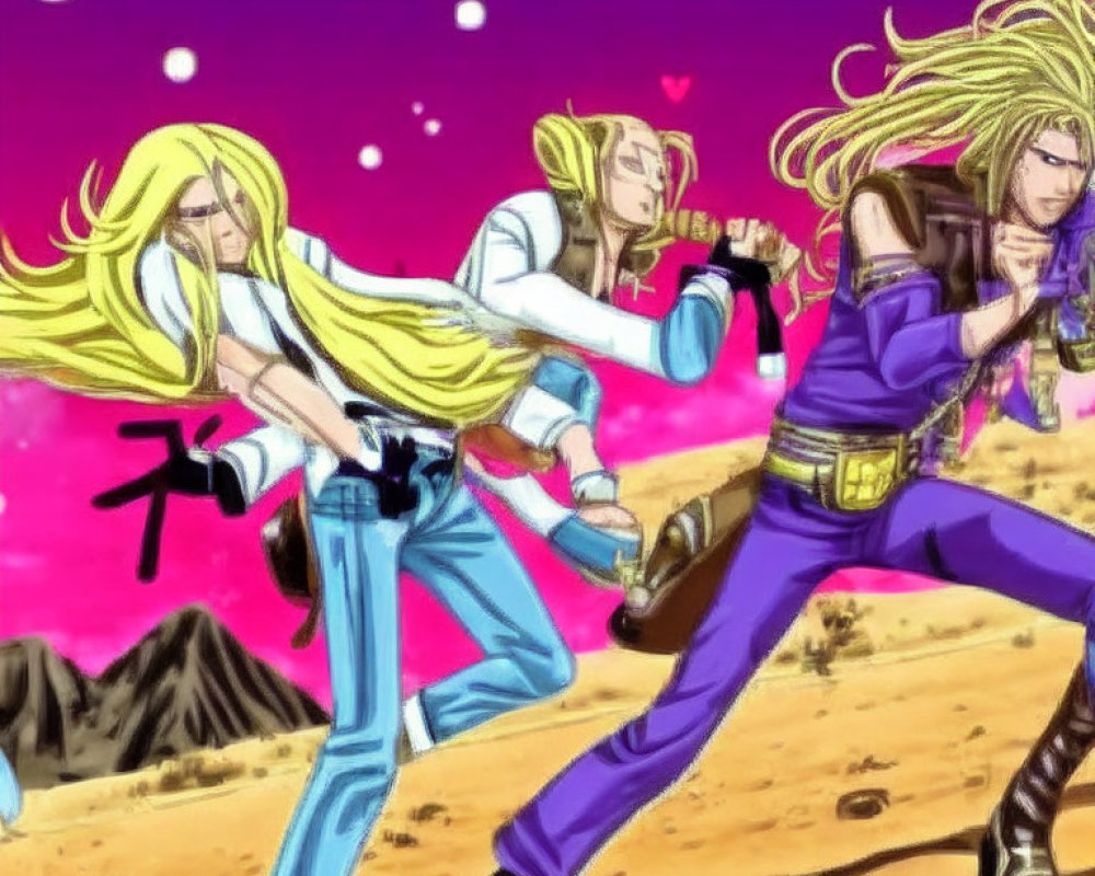 Three blonde-haired animated characters in fighting stances under a starry night sky: two in blue,