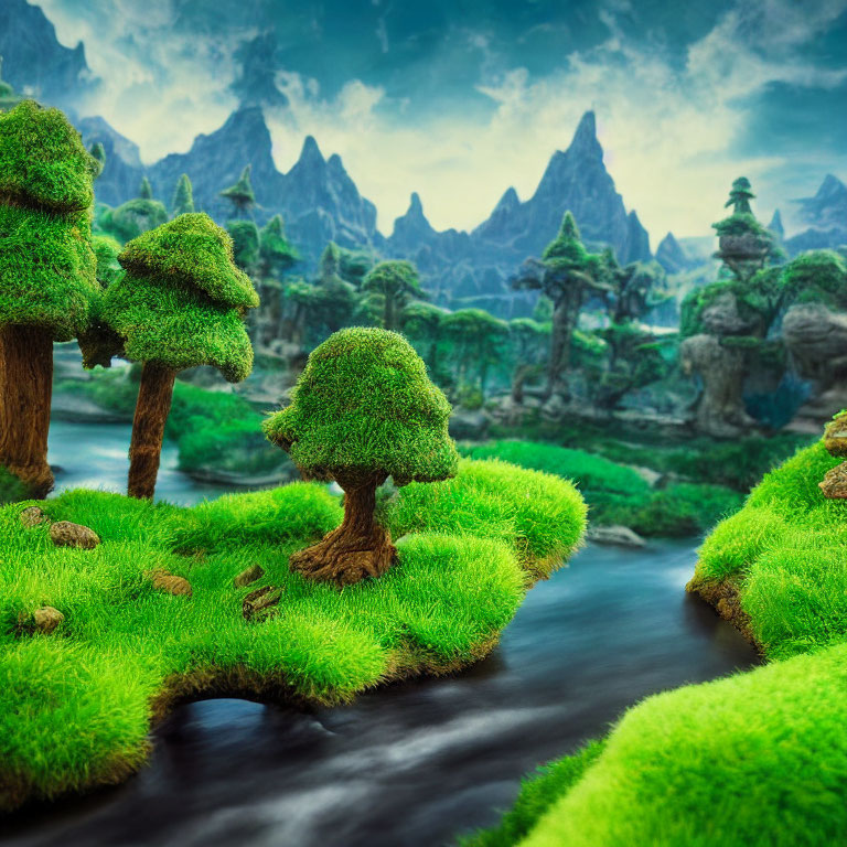 Vibrant green moss-covered trees on floating islands above a serene river